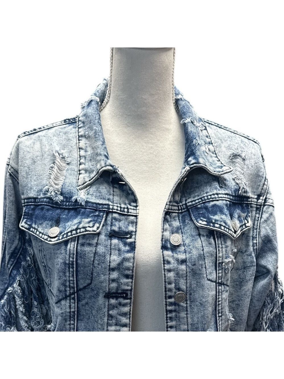 Thrill Women's Distressed Denim Jacket Blue Size L Casual Button-Up - Picture 6 of 7